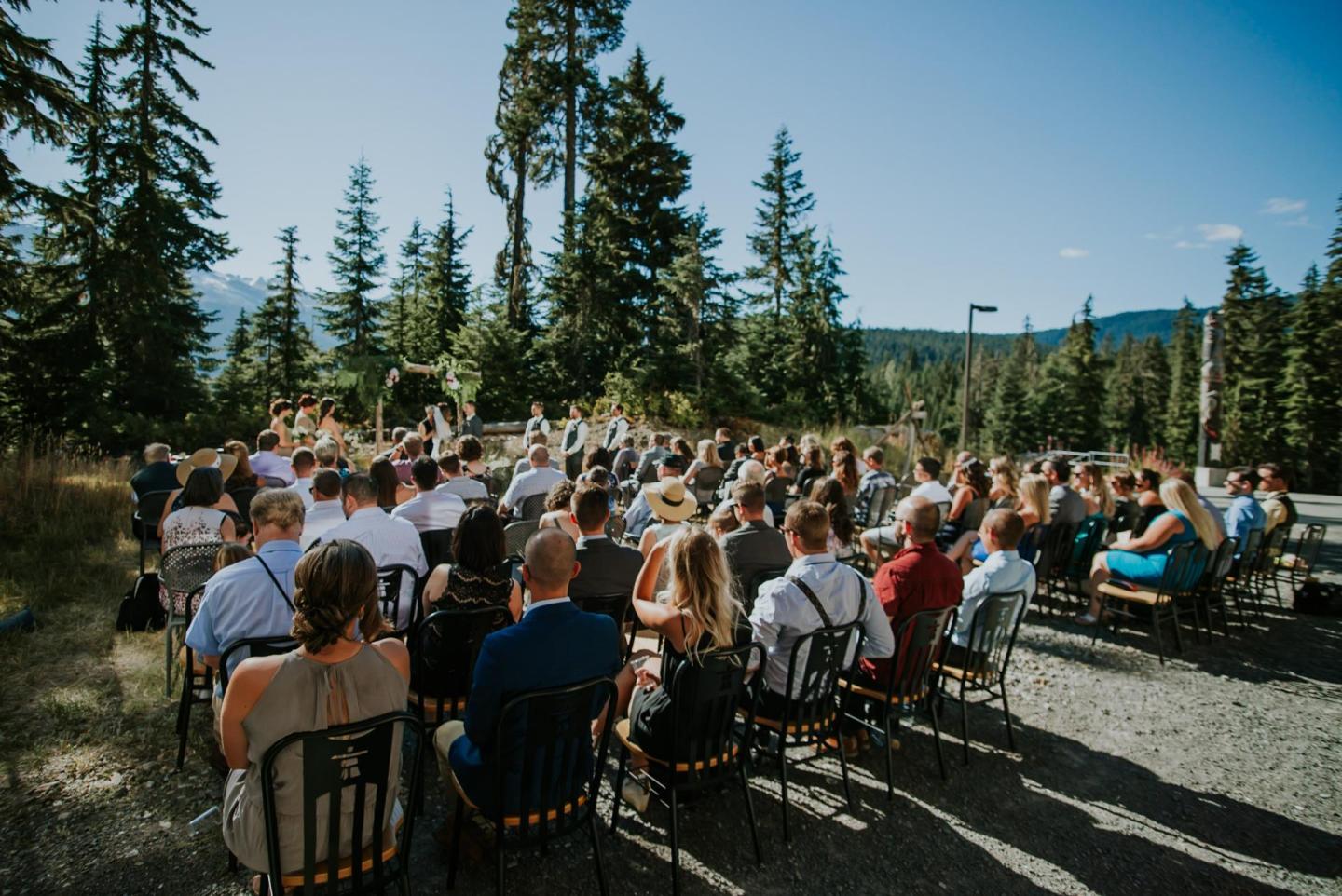guests seated for outdoor mountain wedding ceremony