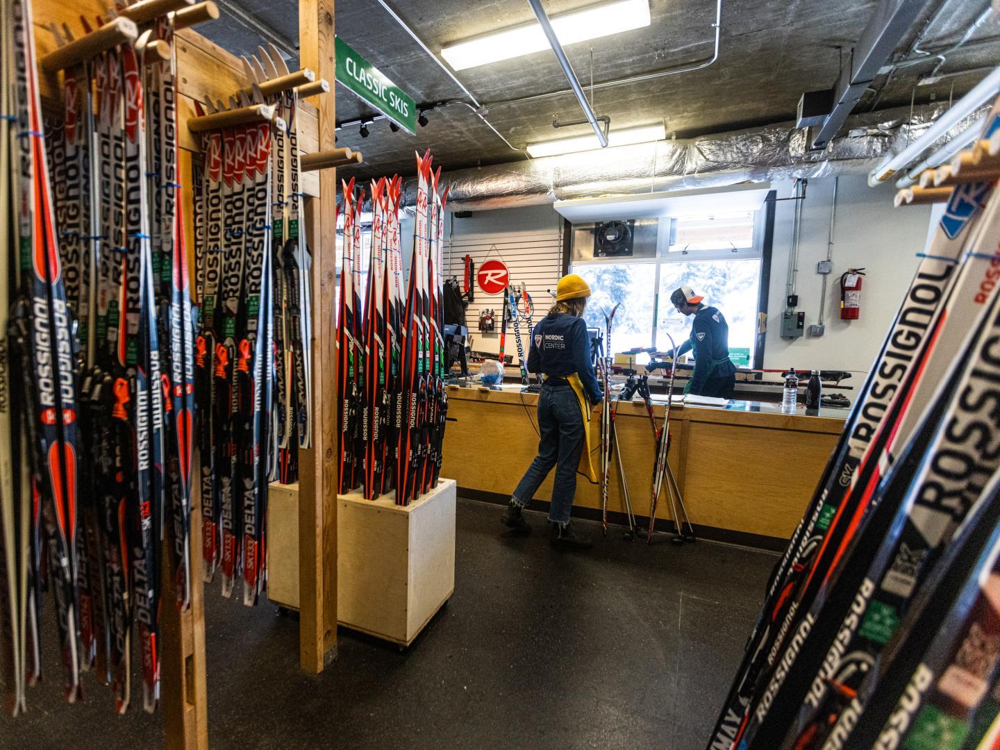 ski equipment in rental shop