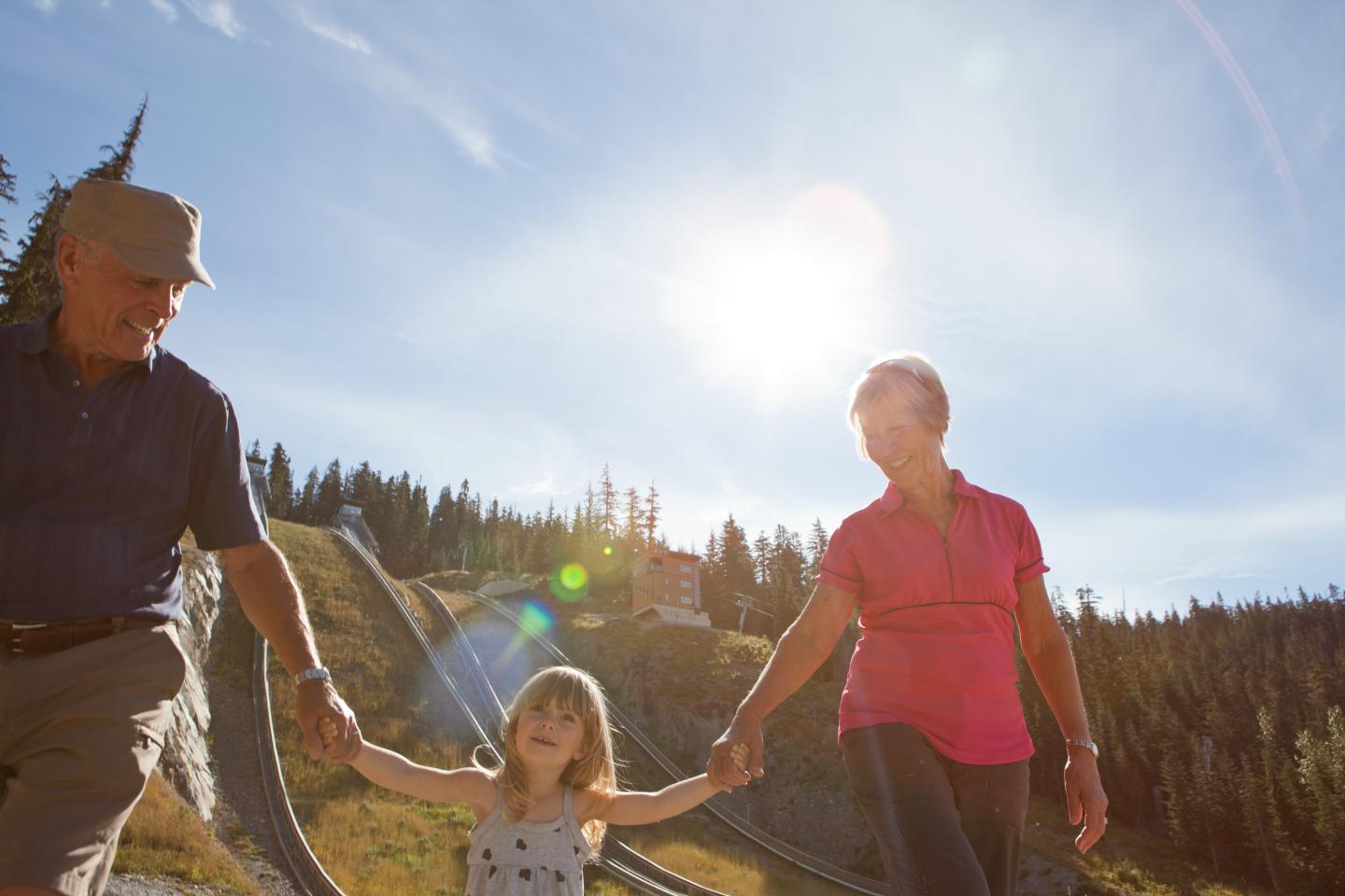 Family holding hands in the mountains
