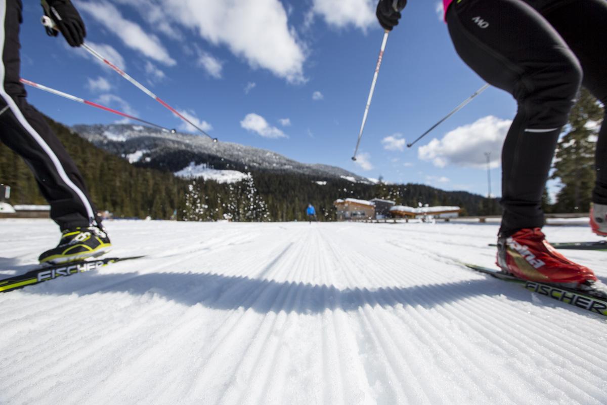 Couple skiing