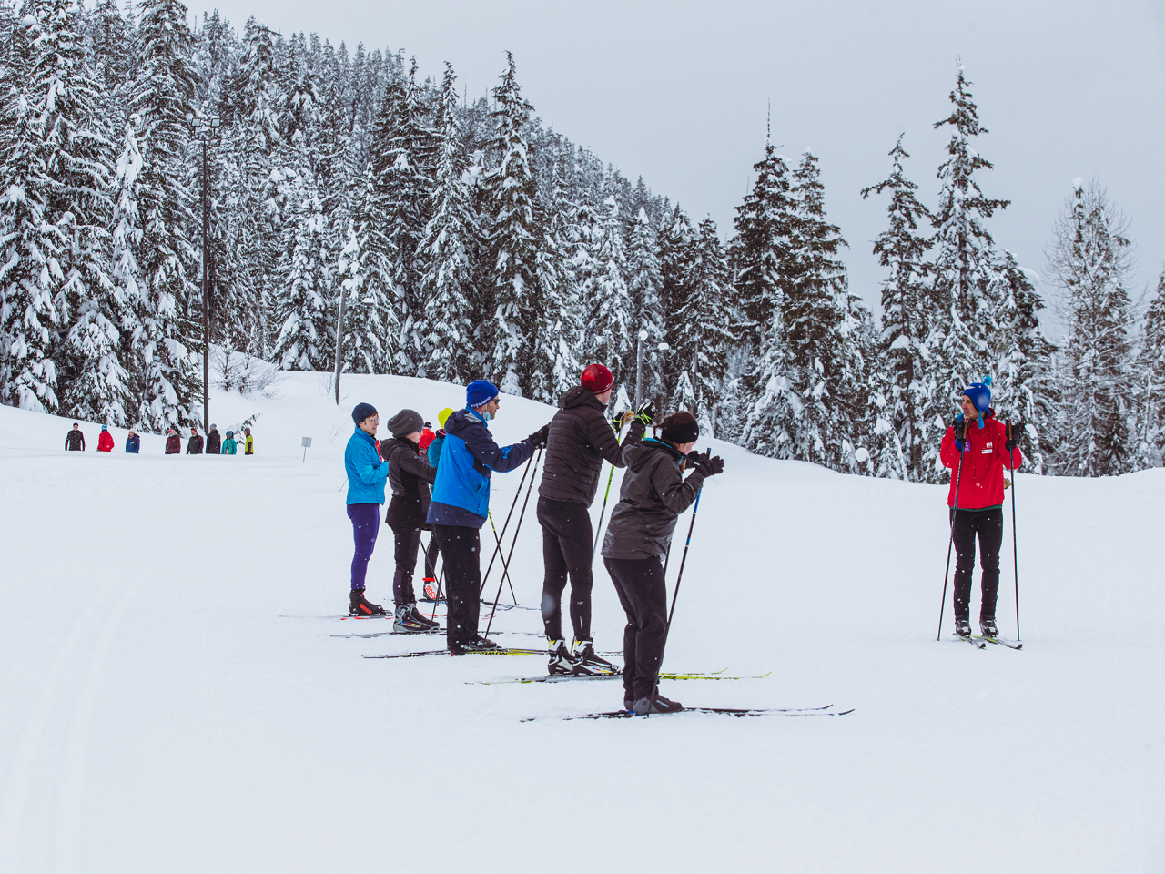Nordic coach instructing a group of adults