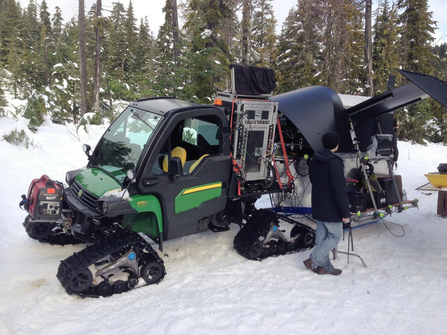 film equipment loaded onto snow vehicle