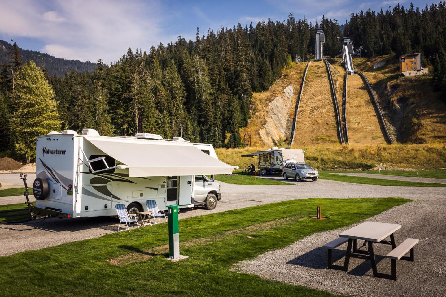 fifth wheel parked in trailer spot underneath mountain