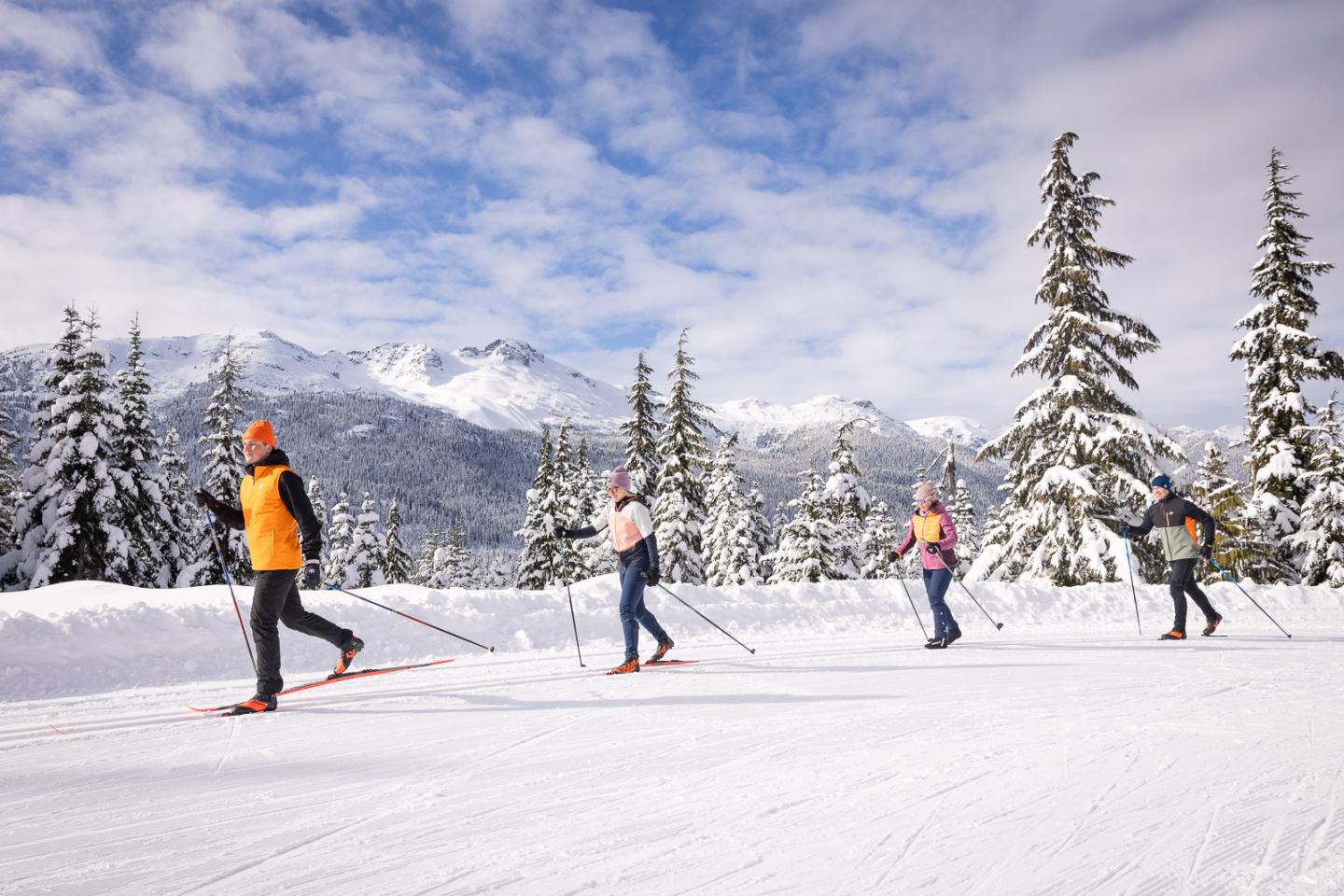 Four people cross-country skiing in a snowy mountain landscape.