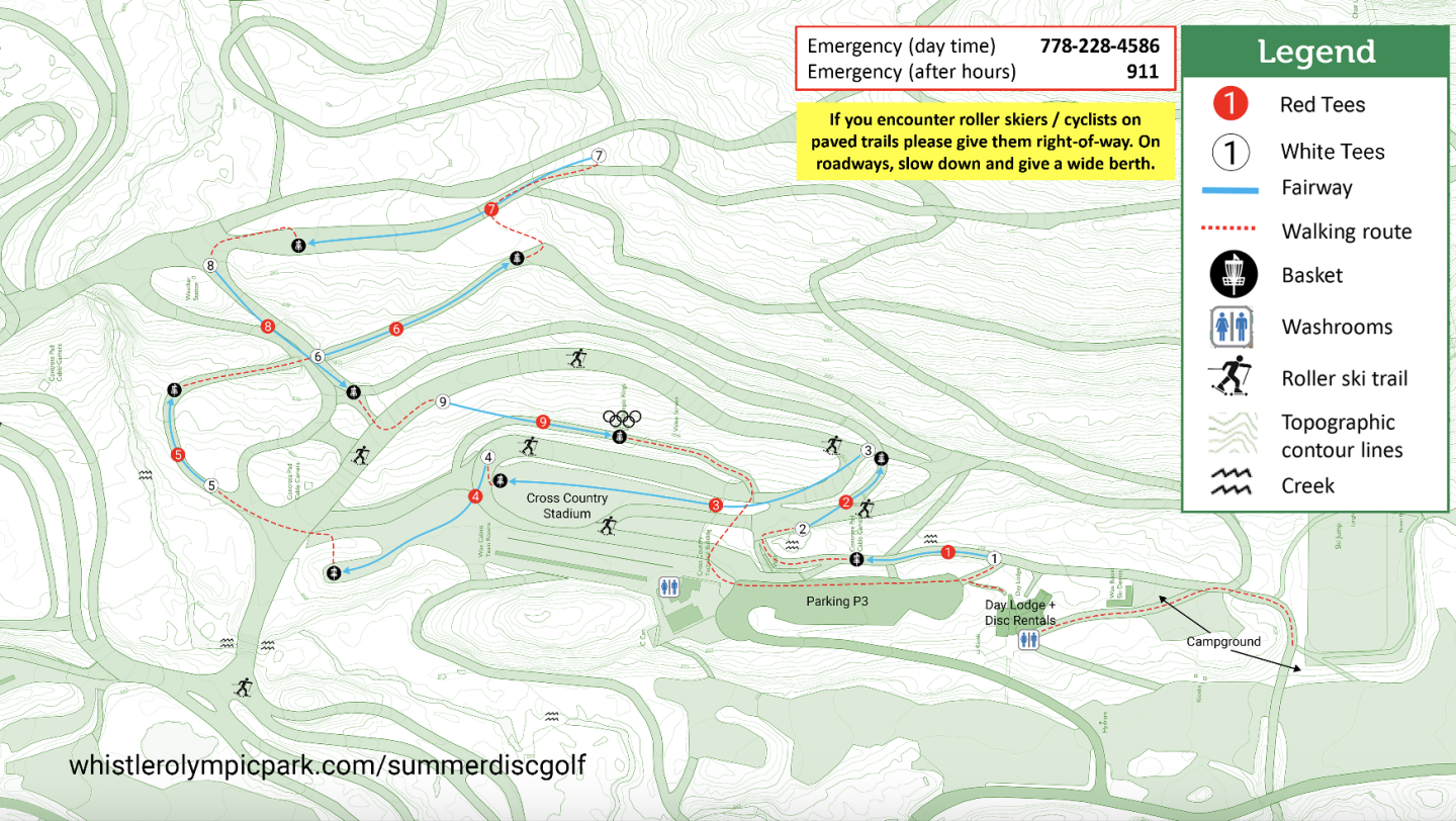 Map of trail routes with markers and a legend Disc Golf Whistler Olympic Park