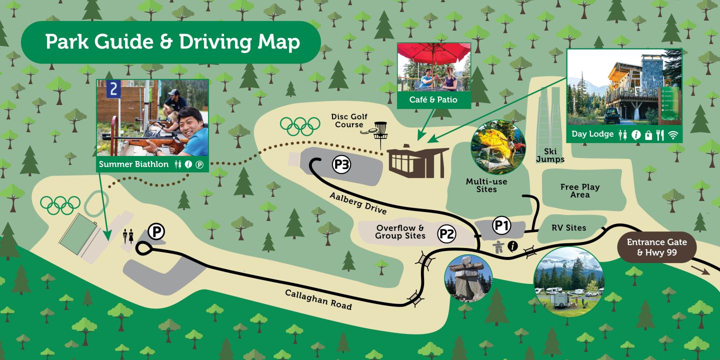 Park guide map with roads, trees, and activity icons.