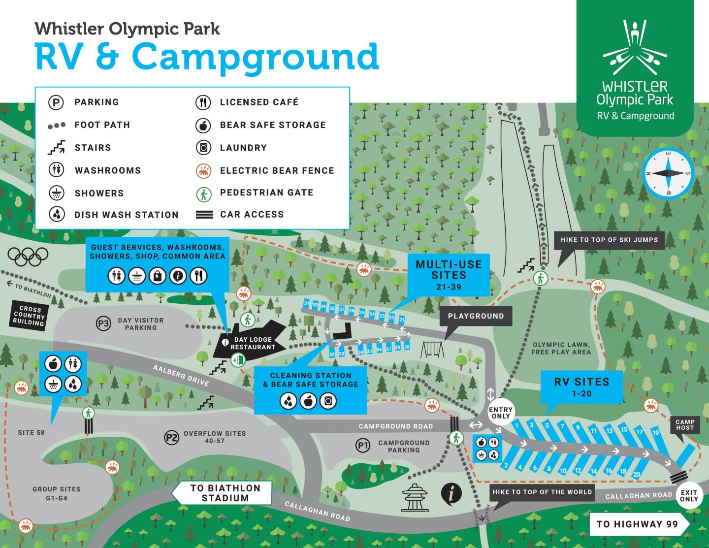 Map of Whistler Olympic Park RV and Campground with labeled facilities and routes.