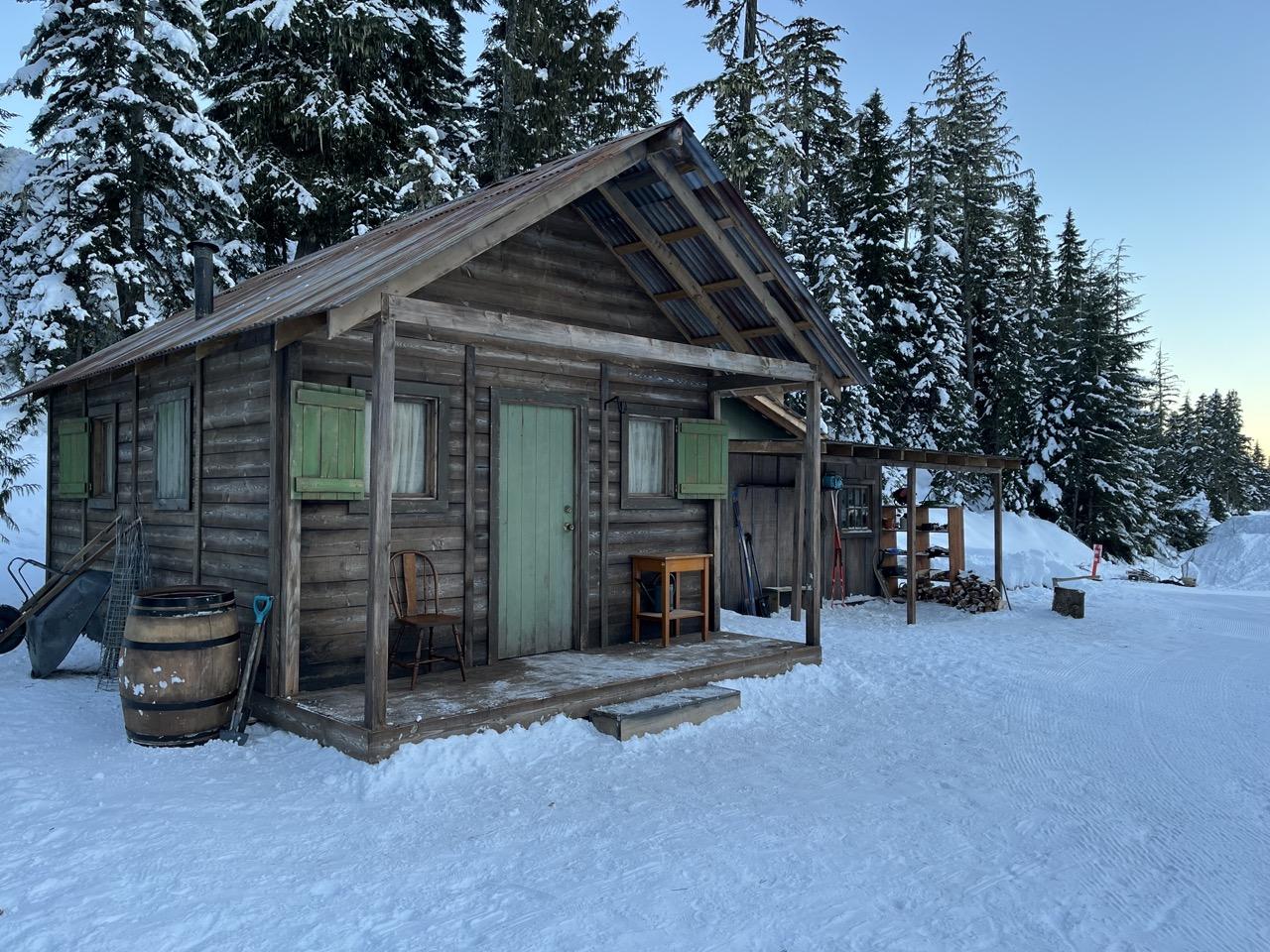 Cozy wooden cabin in snowy forest with dusk sky.