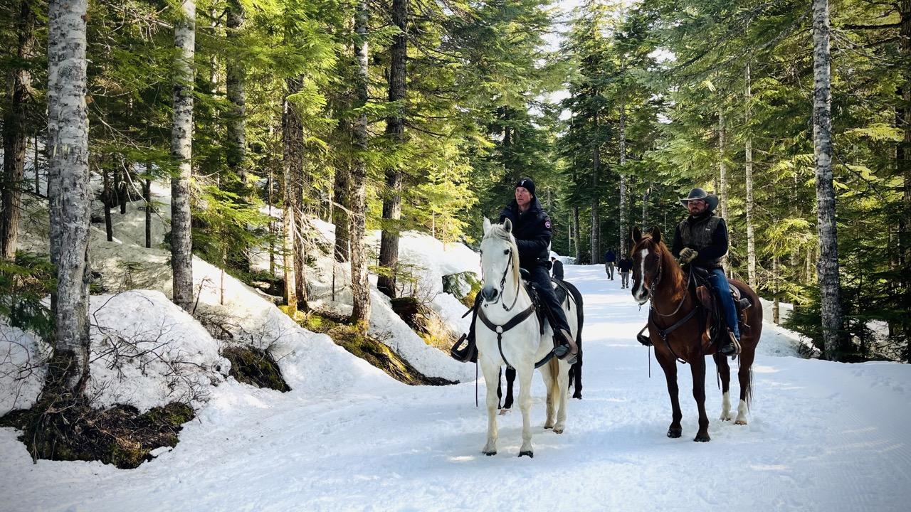 Two people riding horses on a snowy forest path.
