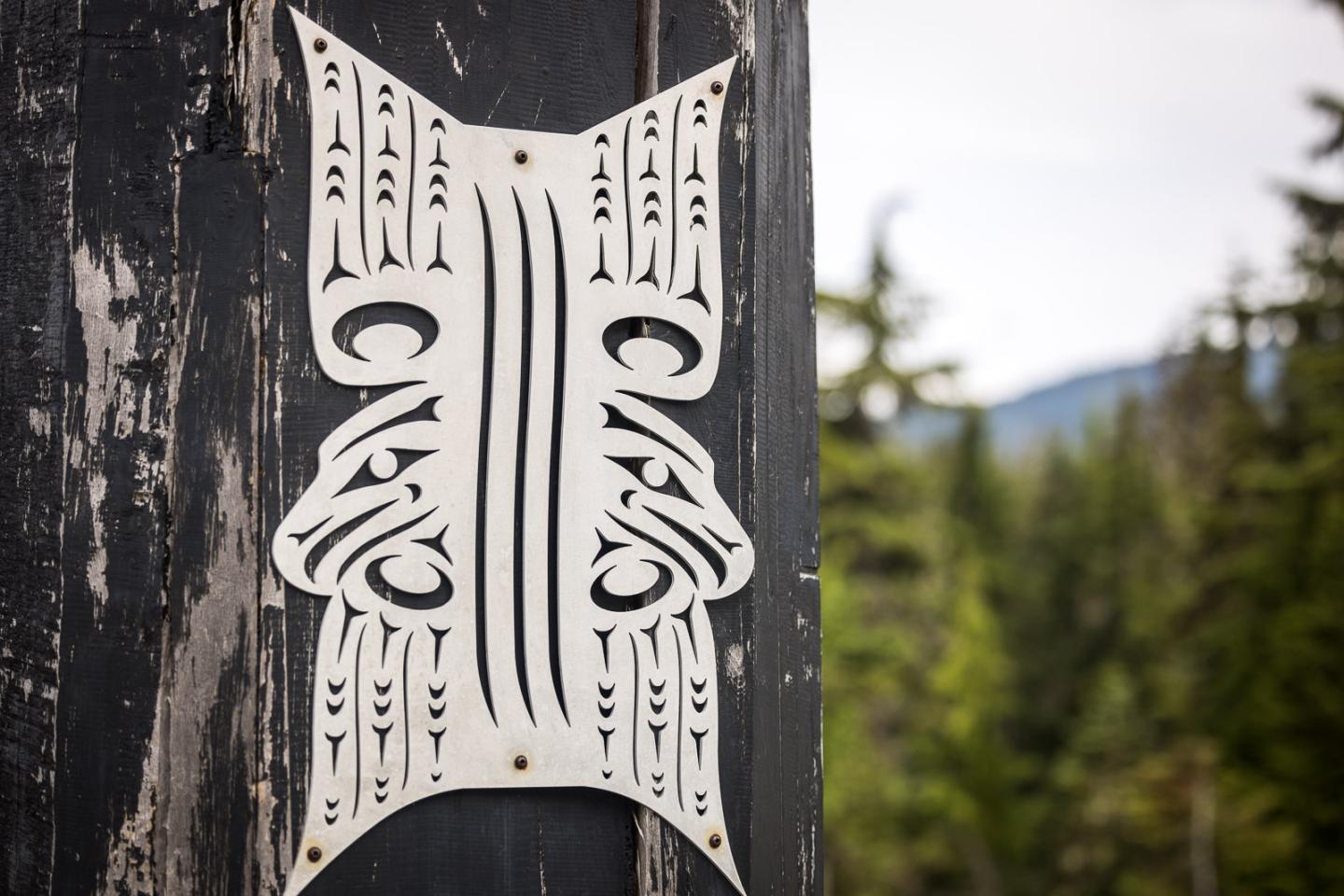 Wooden totem carving with intricate designs, set against a forested background.