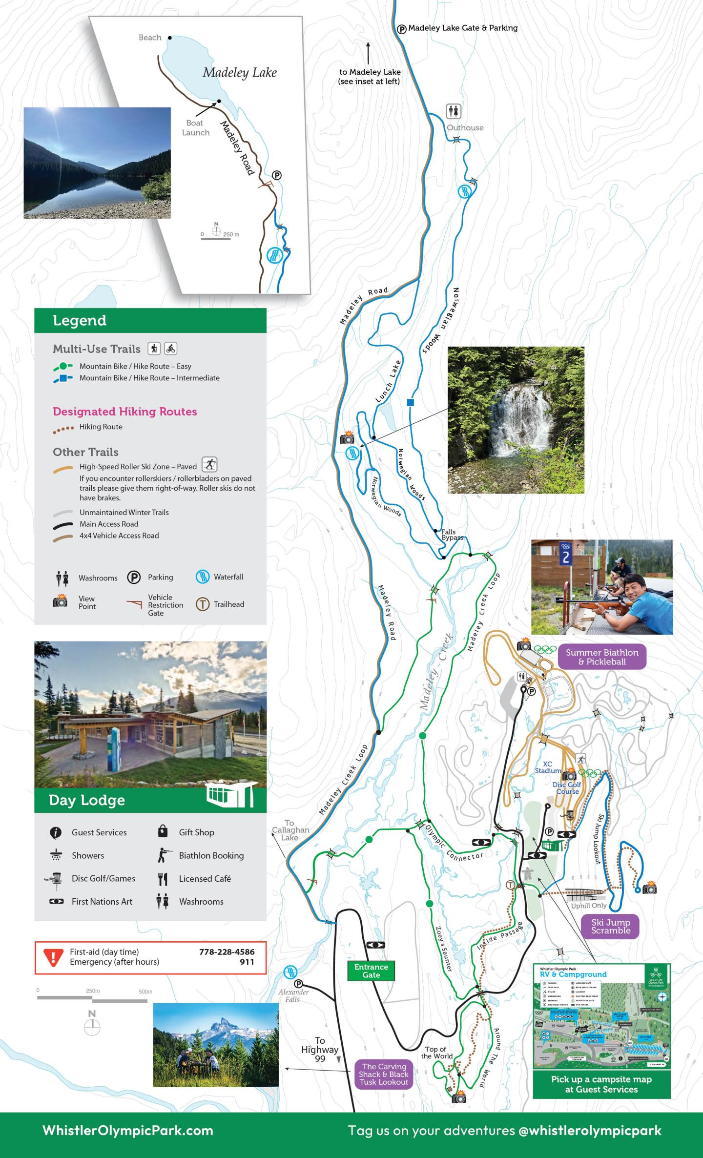Map of hiking trails with photos of scenery and icons for amenities.