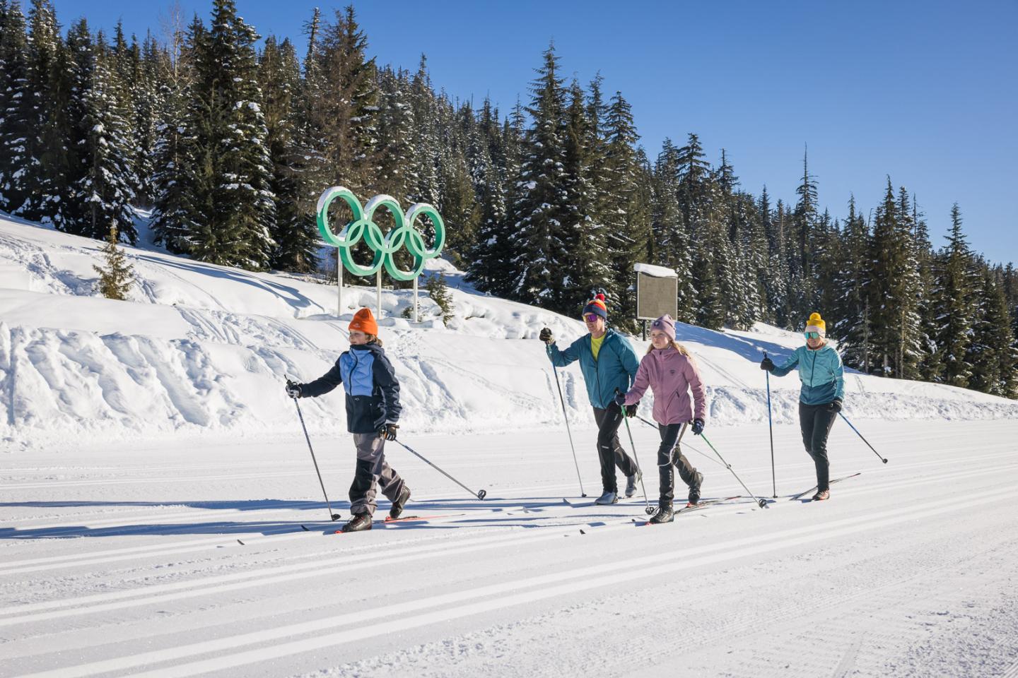 Four people cross-country skiing on a snowy trail under a clear blue sky.