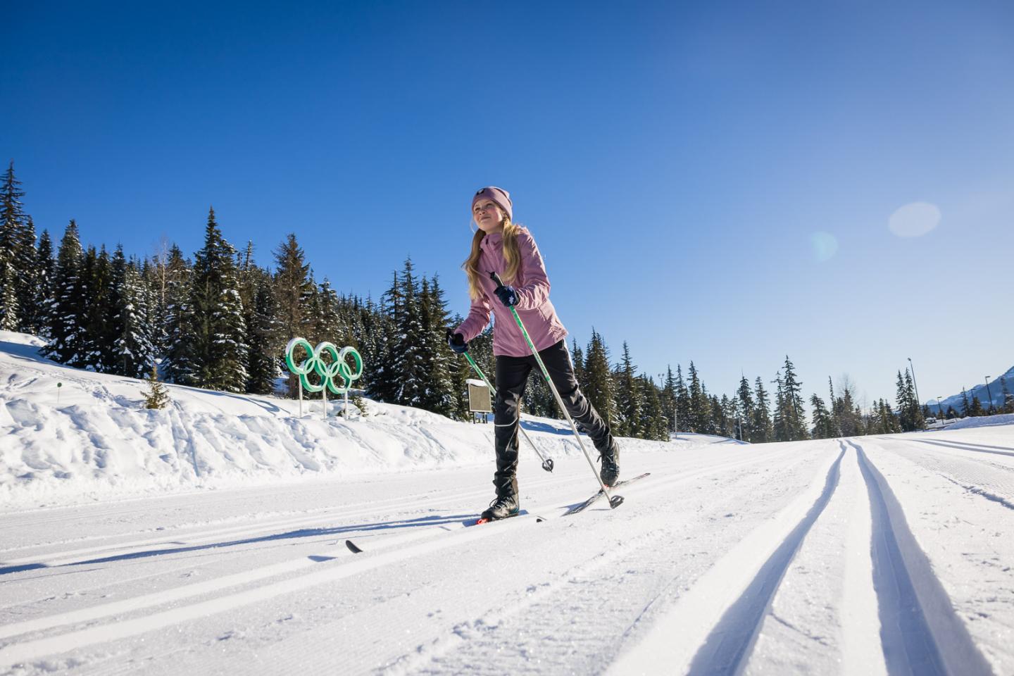 Skier gliding on a snowy trail under a clear blue sky, surrounded by evergreen trees.