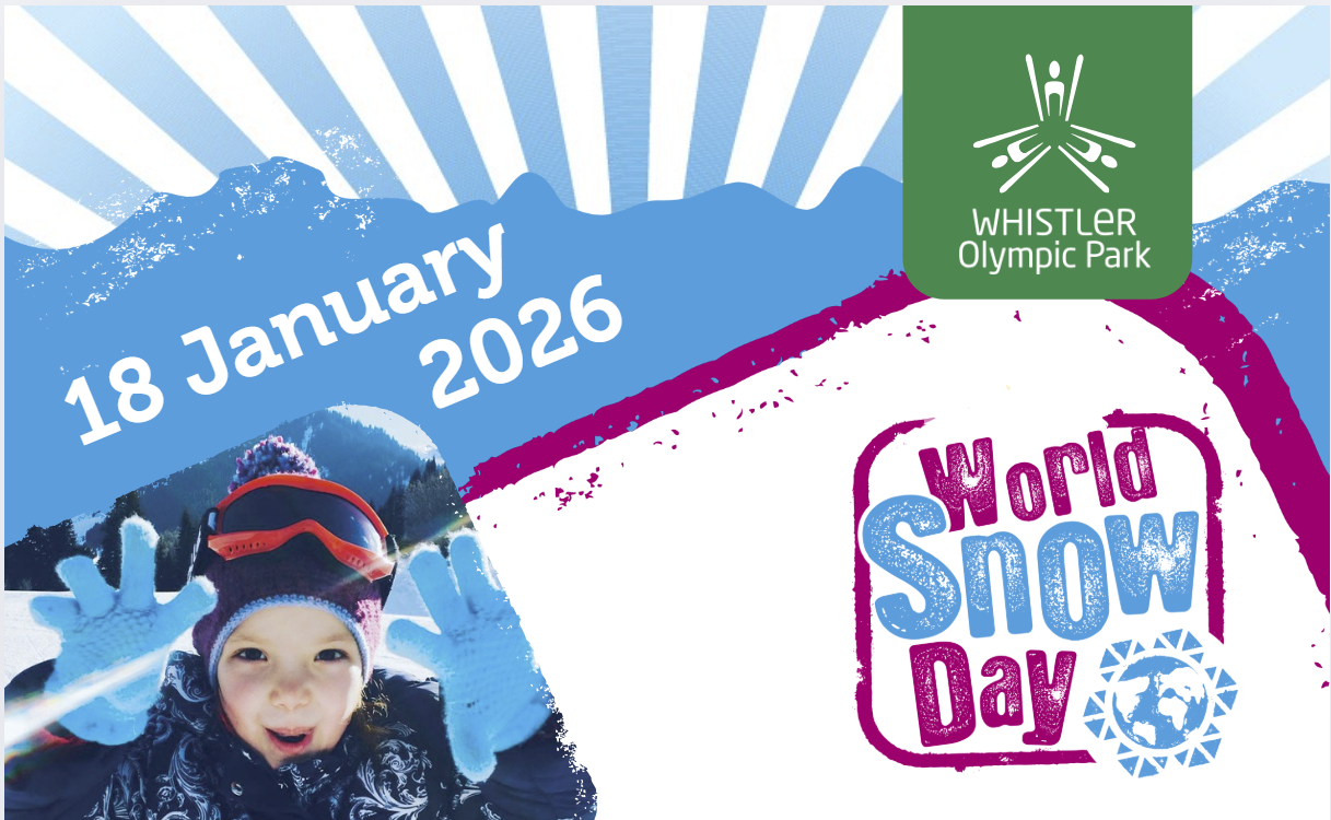 Child smiling in the snow with World Snow Day graphics.