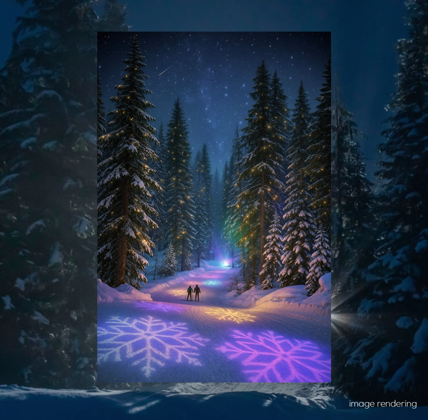 Neverland Starlight Loop no logoSnowy forest path lit with colorful lights, starry sky above.