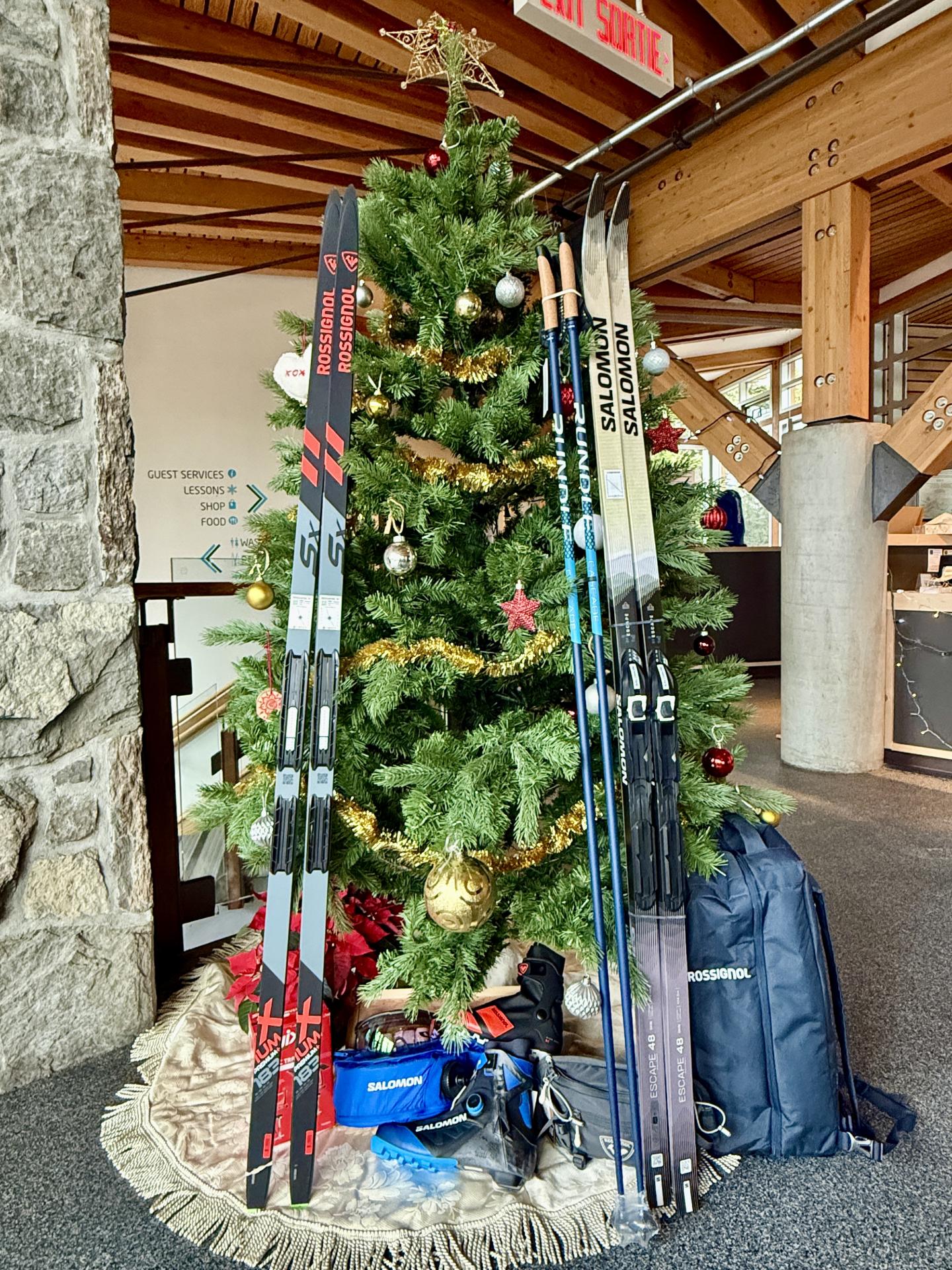 Christmas tree in a lodge with skis and ski gear around the base.