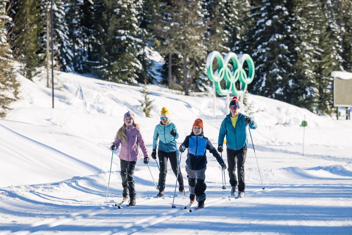 Four people skiing on a snowy trail with evergreen trees in the background.