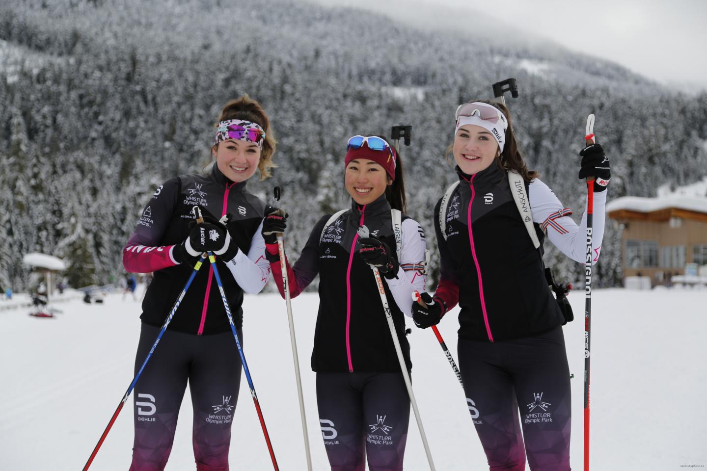 Three skiers in snowy mountains, smiling and holding poles.