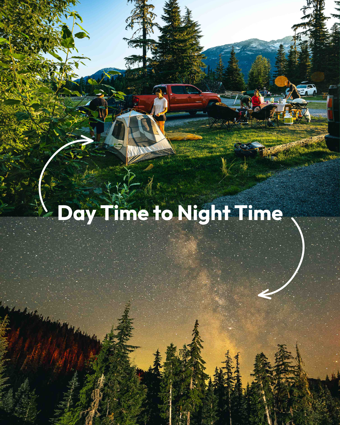 Camping scene transitioning from day to night under a starry sky.